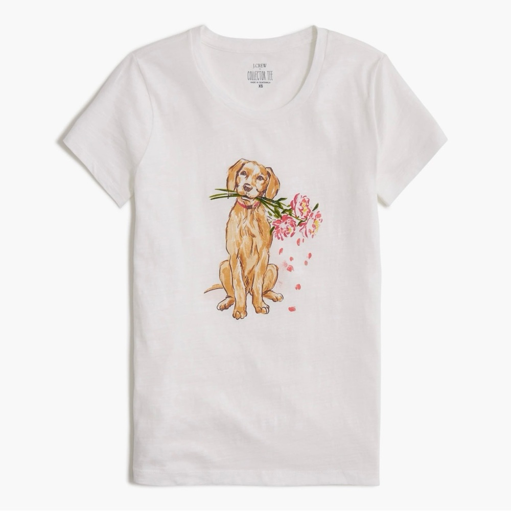 J. Crew White T-Shirt with Dog and Flowers Graphic